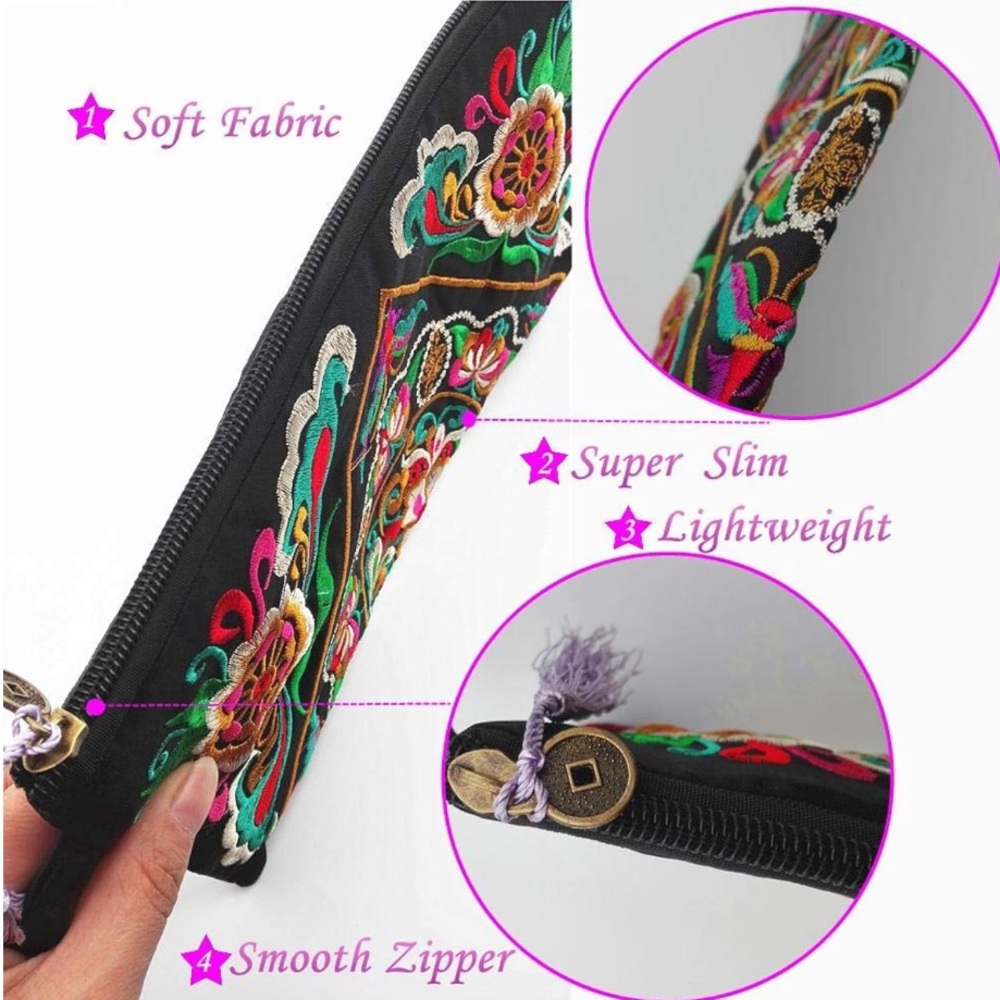 Floral Embroidered Black Wristlet/Clutch - Picture 6 of 15